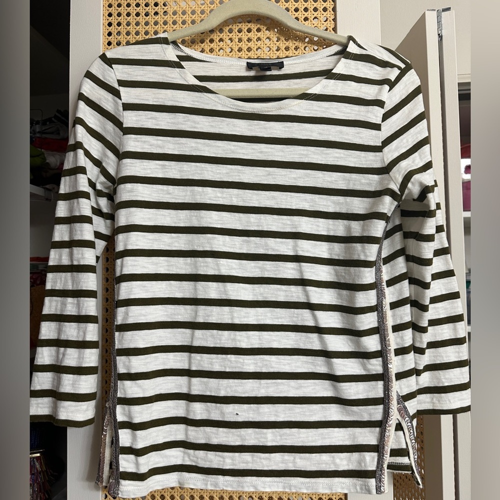 J.Crew Green & White Striped Tee with embellishments down the side